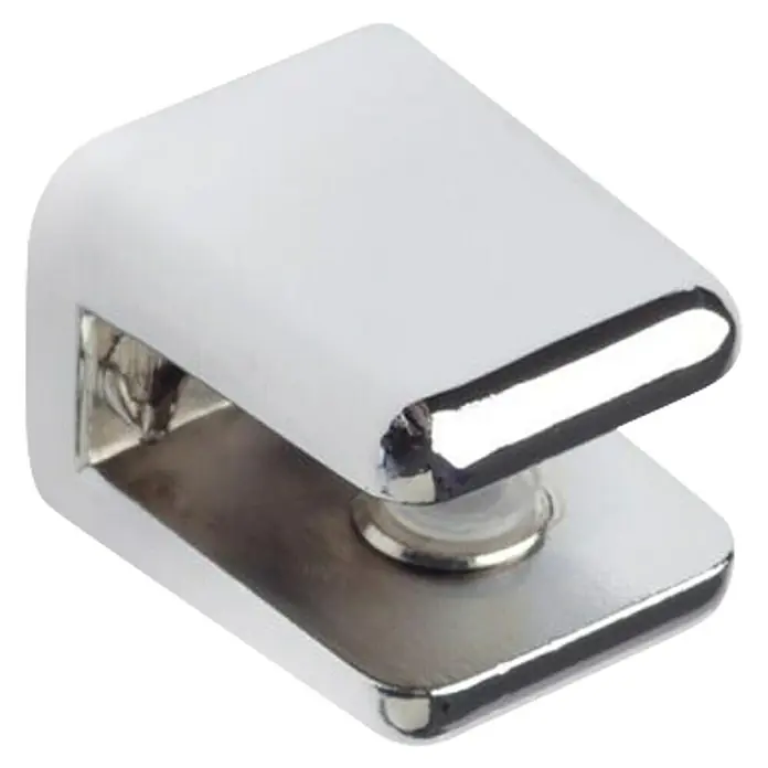 Rei Soporte de pared para estantes 2095 - L x An x Al: 1,9 x 1,7 x 2,2 cm, Cromo, Mate - Primer plano de un soporte de estante de vidrio cromado con un diseño elegante y moderno. Ideal para sujetar de forma segura estantes de vidrio.