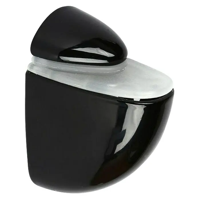Rei Soporte de pared para estantes Pelican - L x An x Al: 5,4 x 4,1 x 2,6 cm, Negro, Apto para: Estantes - Primer plano de un elegante soporte para estantes de vidrio negro con una almohadilla de soporte transparente.