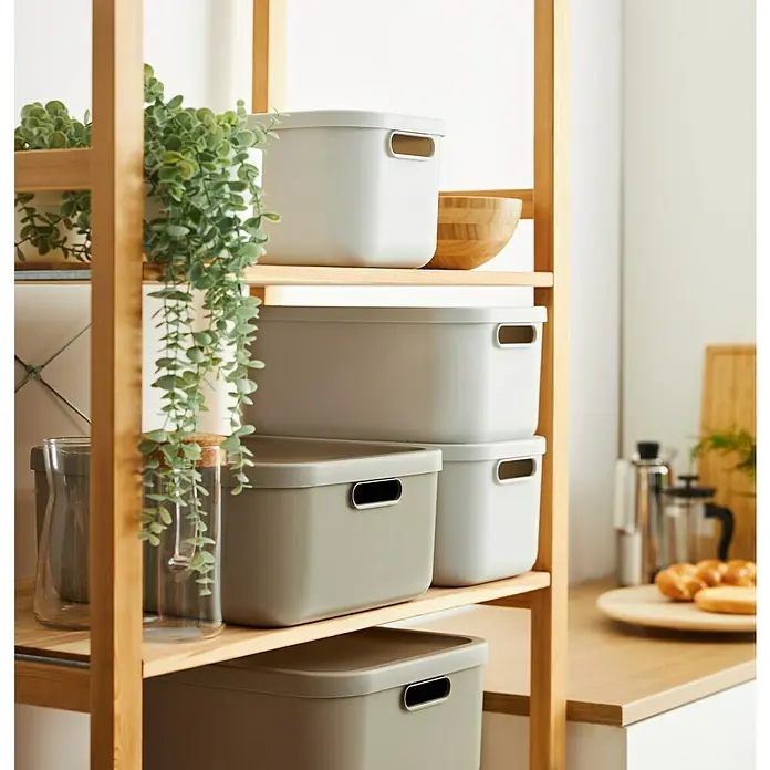 Rotho Aufbewahrungsbox - L x B x H: 39,5 x 23,5 x 17,7 cm, Kunststoff, Weiß, 12 l - Stapelbare Aufbewahrungsboxen in verschiedenen Farben und Größen auf einem Holzregal, ideal zur Organisation von Gegenständen im Haushalt.