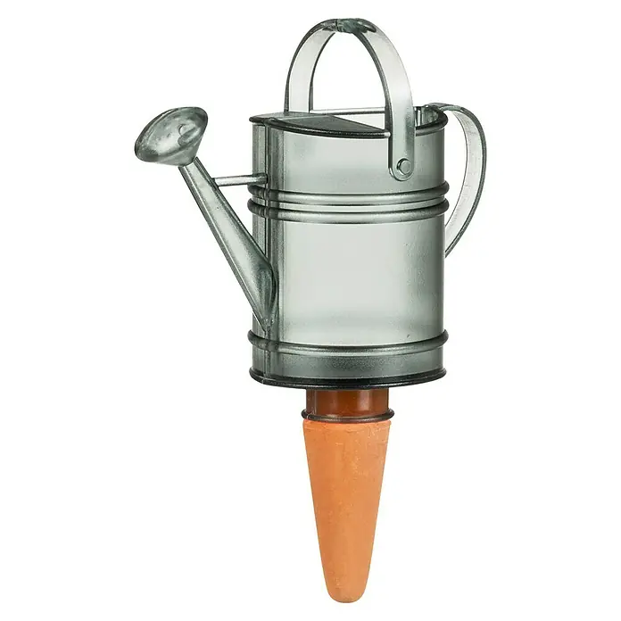 Scheurich Wasserspeicher Nelly - Fassungsvermögen: 0,24 l, Grey - Nahaufnahme einer metallischen Gießkanne mit Terrakotta-Bewässerungseinsatz, ideal für die Bewässerung von Zimmerpflanzen.