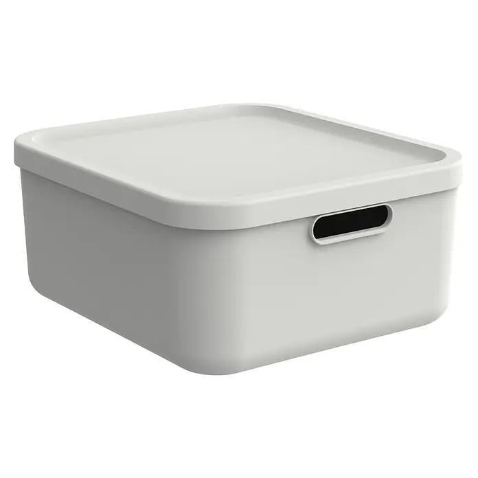 Rotho Aufbewahrungsbox - L x B x H: 39,5 x 35,5 x 17,7 cm, Kunststoff, Weiß, 20 l - Ein grauer, quadratischer Aufbewahrungsbehälter mit Deckel und Griffloch, ideal zur Lagerung und Organisation von Gegenständen im Haushalt.