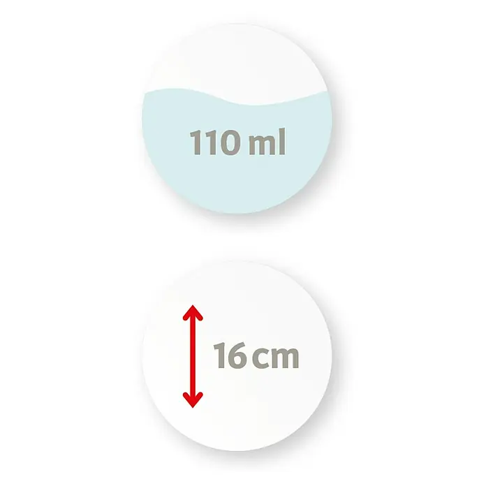 Scheurich Wasserspeicher Nelly - Fassungsvermögen: 0,11 l, Red - Das Bild zeigt die Kapazität von 110 ml und eine Höhe von 16 cm. Die Angaben sind in weißen Kreisen dargestellt.