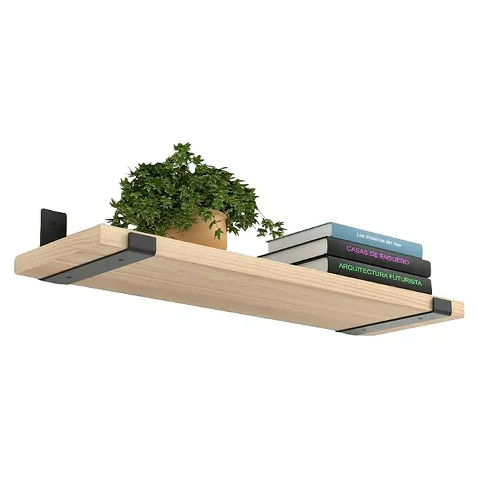 Rei Escuadra de pared lineal - L x An x Al: 261 x 40 x 103 mm, Carga soportada: 25 kg, Negro - Un estante con una planta en maceta y libros. El estante de madera es marrón claro con soportes negros.