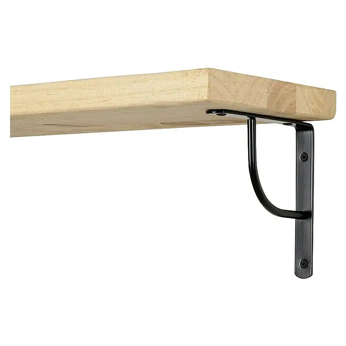 Rei Escuadra de soporte Belly - Negro, L x An x Al: 15 x 15 x 2 cm - Primer plano de un estante de madera clara sujeto a la pared con un soporte de metal negro, con tornillos que lo fijan.