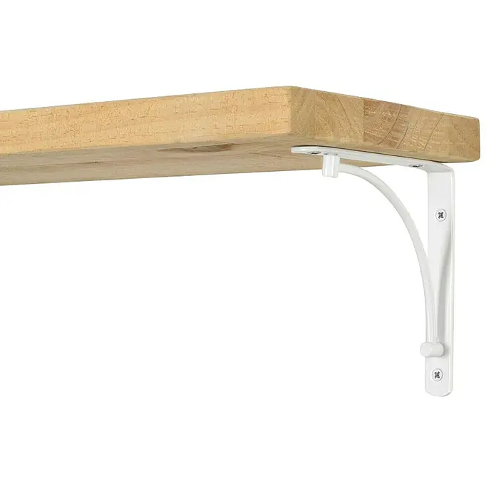 Rei Escuadra de soporte Arch - L x An x Al: 15 x 15 x 2 cm, Blanco - Primer plano de una estantería de madera con un soporte de estantería curvo blanco. Perfecto para estanterías de pared elegantes.