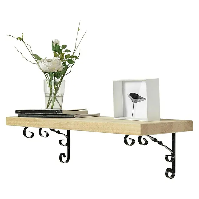 Rei Escuadra de soporte 1475 - L x An x Al: 13 x 18 x 1,2 cm, Negro - Estante de pared de madera clara con soportes decorativos de metal negro, adornado con flores, marco y libros.