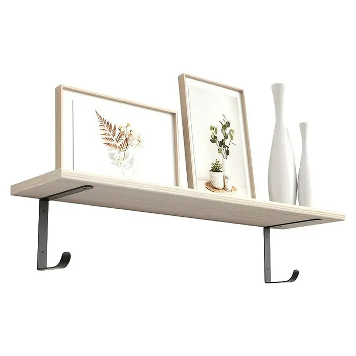 Rei Soporte de estantería con gancho - L x An x Al: 180 x 145 x 20 mm, Negro, Carga soportada: 15 kg - Estante de pared de madera con dos cuadros y dos jarrones como decoración, sostenido por ganchos metálicos grises.