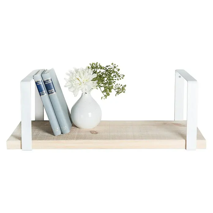 Rei Escuadra de pared recta - L x An x Al: 261 x 211 x 30 mm, Carga soportada: 30 kg, Blanco - Estante con decoración. El estante tiene soportes blancos y una tapa de madera clara. Hay libros, un jarrón y decoración encima.