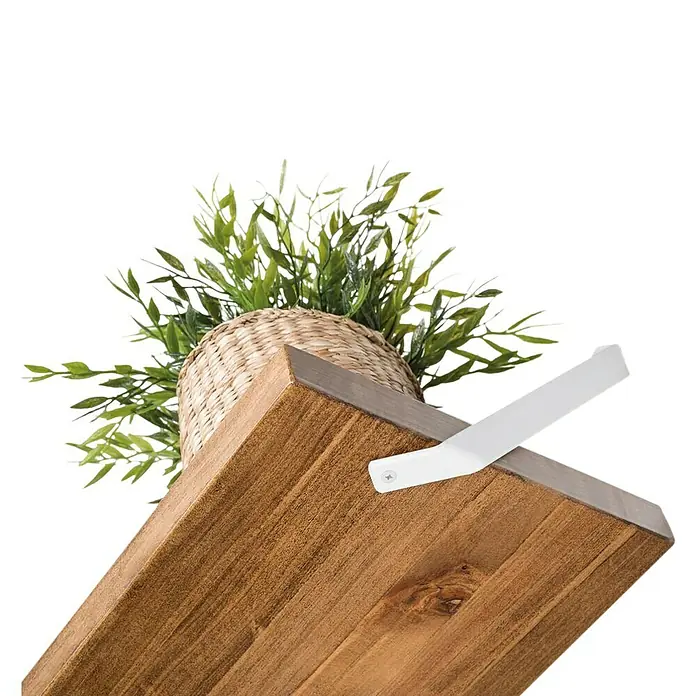 Rei Soporte de estantería recto - L x An x Al: 238 x 38 x 20 mm, Blanco, Carga soportada: 15 kg - Primer plano de una estantería de madera con una planta en maceta y un soporte de estantería blanco sobre un fondo negro.
