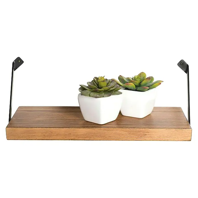 Rei Soporte de estantería recto - L x An x Al: 238 x 38 x 20 mm, Negro, Carga soportada: 15 kg - Estante de madera con dos pequeñas suculentas en macetas blancas, creando un ambiente acogedor. Ideal para la decoración del hogar.