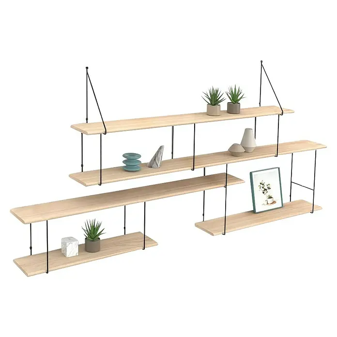 Rei Soporte de estantería Varilla - An x Al: 200 x 300 mm, Acero, Negro - Estante suspendido con tres niveles que presenta diversos objetos decorativos para una presentación elegante.