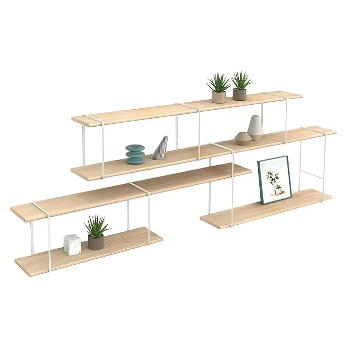 Rei Soporte de estantería Varilla - An x Al: 200 x 300 mm, Acero, Blanco - Estante flotante con objetos decorativos. La estantería es de madera clara y los soportes son blancos. Plantas de interior decorativas, jarrones y marco.