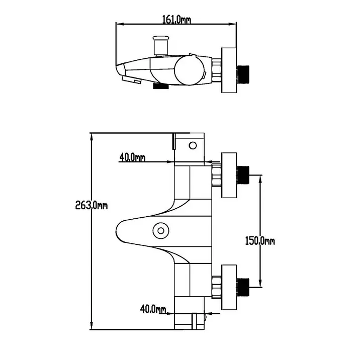 Universal de Grifería New Design Grifo termostático de bañera - Negro - Diagrama de producto de un grifo de ducha con anotaciones dimensionales, que muestra las dimensiones y detalles del diseño.