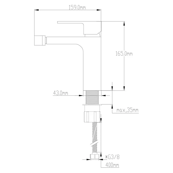 Universal de Grifería Tarim Grifo monomando de bidé - Cromo, Resplandeciente - Diagrama de un grifo con dimensiones. El grifo tiene una altura de 165,0mm y un alcance de 159,0mm.