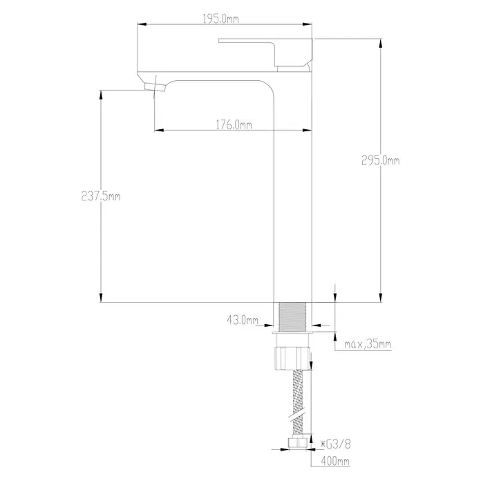 Universal de Grifería Tarim Grifo de lavabo alto - Cromo - Dibujo técnico de un grifo con dimensiones.