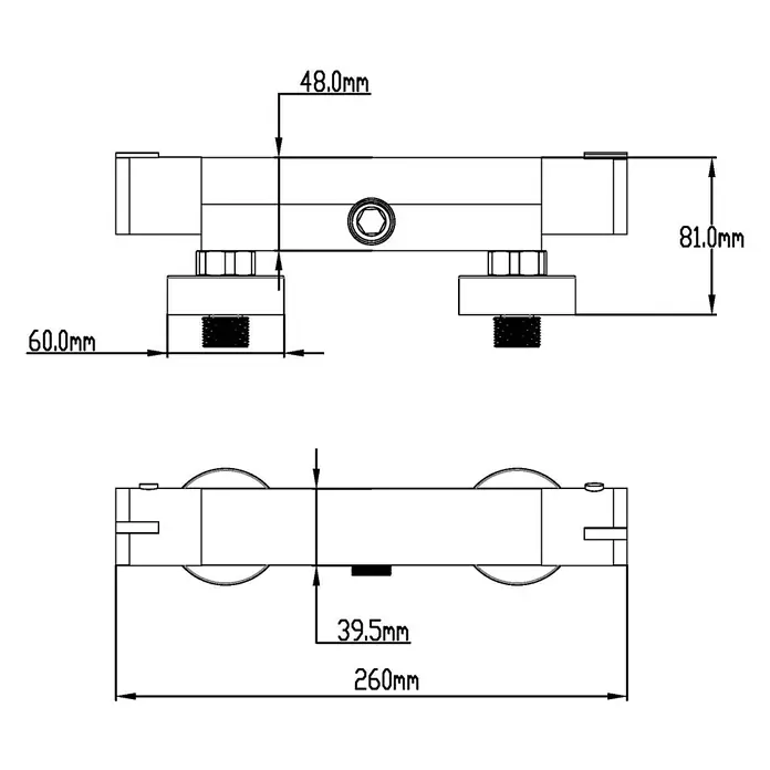 Universal de Grifería New Design Grifo con termostato - Ancho: 26 cm, Negro, Mate - Representación del producto de un carro con dimensiones detalladas para dibujos técnicos.