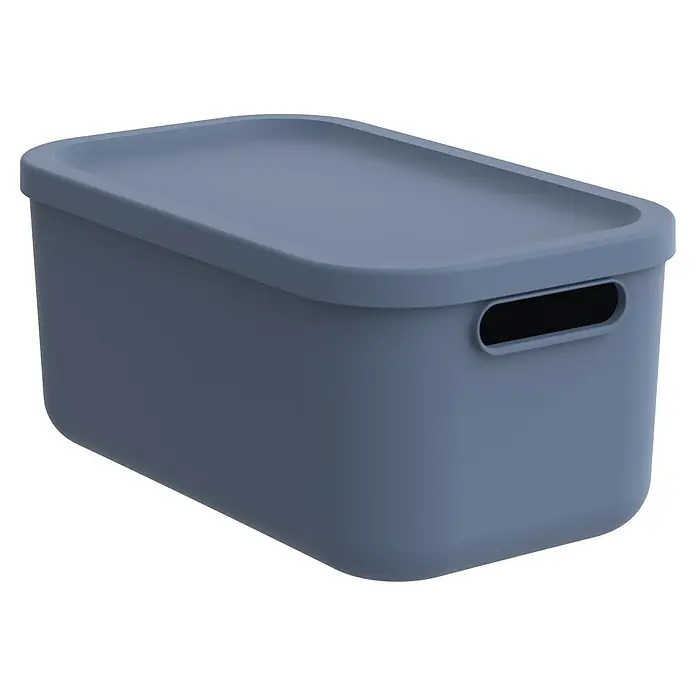 Rotho Aufbewahrungsbox - L x B x H: 39,5 x 23,5 x 17,7 cm, Kunststoff, Horizonblau, 12 l - Nahaufnahme einer rechteckigen blauen Aufbewahrungsbox mit Deckel und Griffen auf schwarzem Hintergrund.