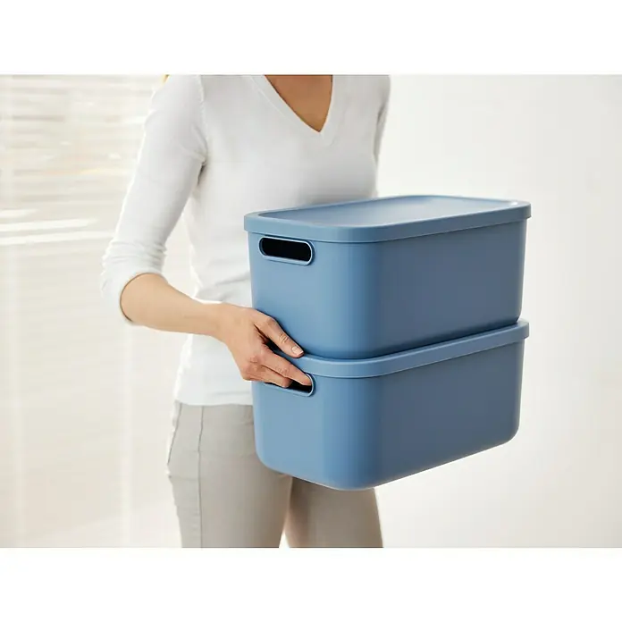 Rotho Aufbewahrungsbox - L x B x H: 39,5 x 23,5 x 17,7 cm, Kunststoff, Horizonblau, 12 l - Eine Frau trägt zwei blaue Aufbewahrungsboxen mit Deckel, ideal für die Organisation von Haus und Büro.