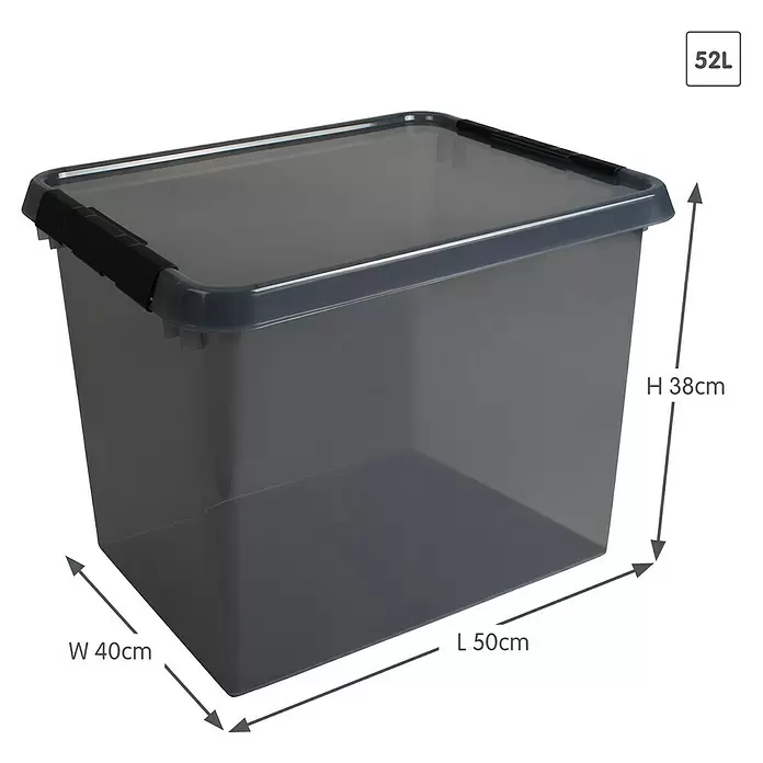 Sunware Aufbewahrungsbox Comfort Line - L x B x H: 50 x 40 x 38 cm, Transparent grau, Kunststoff - Transparente graue Kunststoff-Aufbewahrungsbox mit dunklem Deckel und schwarzen Verschlüssen. Maße: L50xW40xH38cm, 52L Volumen.
