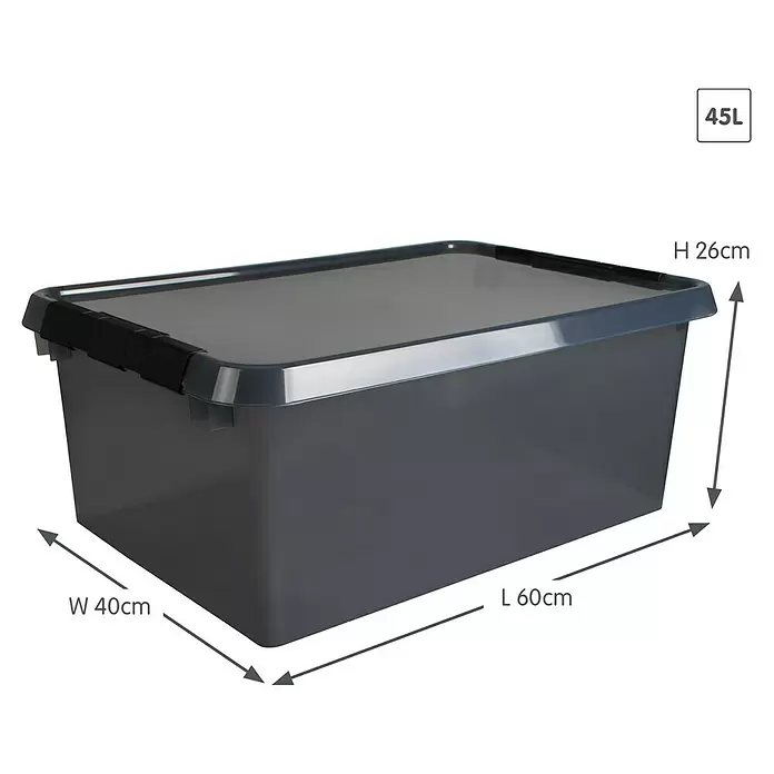 Sunware Aufbewahrungsbox Comfort Line - L x B x H: 60 x 40 x 26 cm, Transparent grau, Kunststoff - Graue, transparente Aufbewahrungsbox aus Kunststoff mit dunklem Deckel, 45L Volumen.