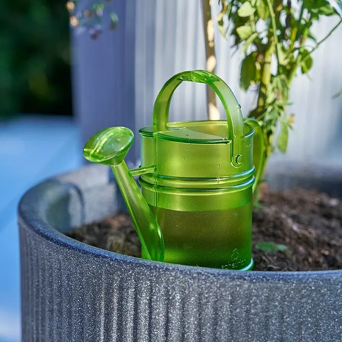 Scheurich Wasserspeicher Nelly - Fassungsvermögen: 0,11 l, Green - Grüne Gießkanne von Scheurich, ein praktisches Hilfsmittel für die Bewässerung von Zimmerpflanzen, die in einem Topf mit Blumenerde steht.