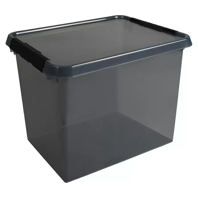 Sunware Aufbewahrungsbox Comfort Line - L x B x H: 50 x 40 x 38 cm, Transparent grau, Kunststoff - Durchsichtige dunkelgraue Plastik-Aufbewahrungsbox mit passendem Deckel und schwarzen Klammern.