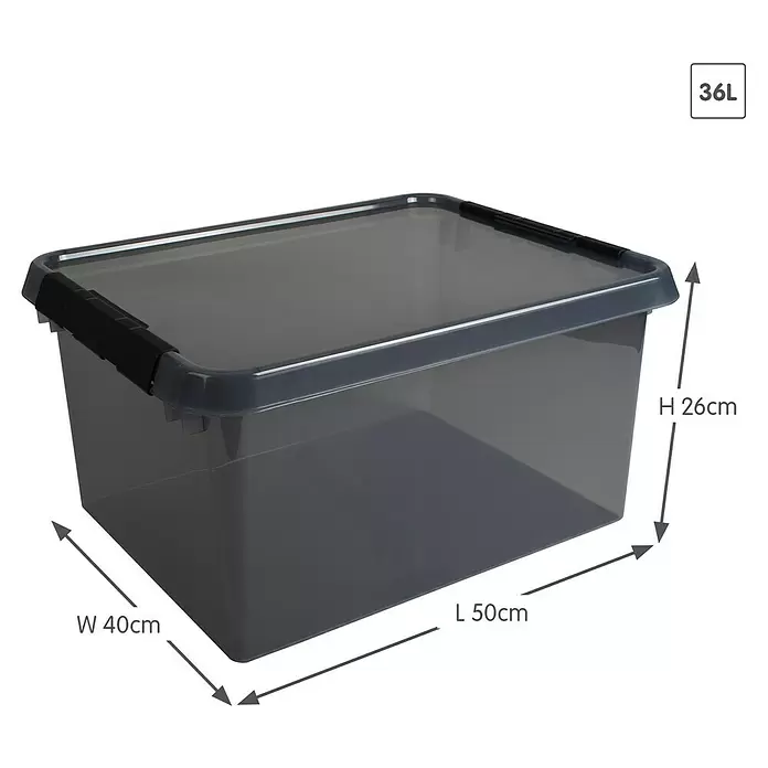 Sunware Aufbewahrungsbox Comfort Line - L x B x H: 50 x 40 x 26 cm, Transparent grau, Kunststoff - Transparente graue Kunststoff-Aufbewahrungsbox mit dunklem Deckel und schwarzen Clips, 36L Volumen, L 50cm, B 40cm, H 26cm.