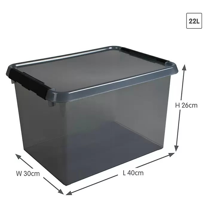 Sunware Aufbewahrungsbox Comfort Line - L x B x H: 40 x 30 x 26 cm, Transparent grau, Kunststoff - Transparente graue 22L Aufbewahrungsbox mit dunklem Deckel und Verschlüssen, L 40cm x B 30cm x H 26cm.