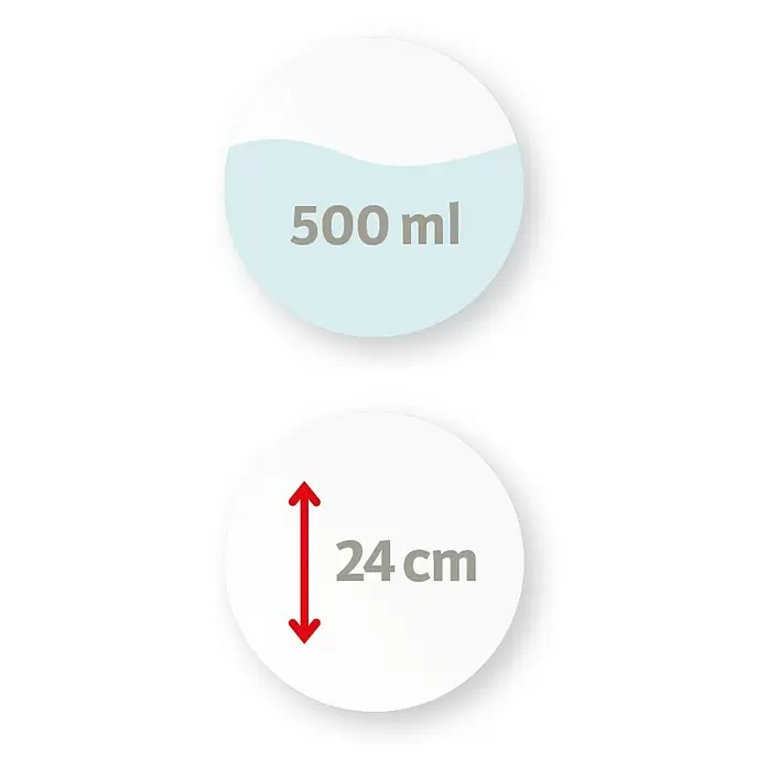 Scheurich Wasserspender Copa - 500 ml, Green - Zwei Symbole mit Produktspezifikationen: 500 ml Volumen und 24 cm Höhe.