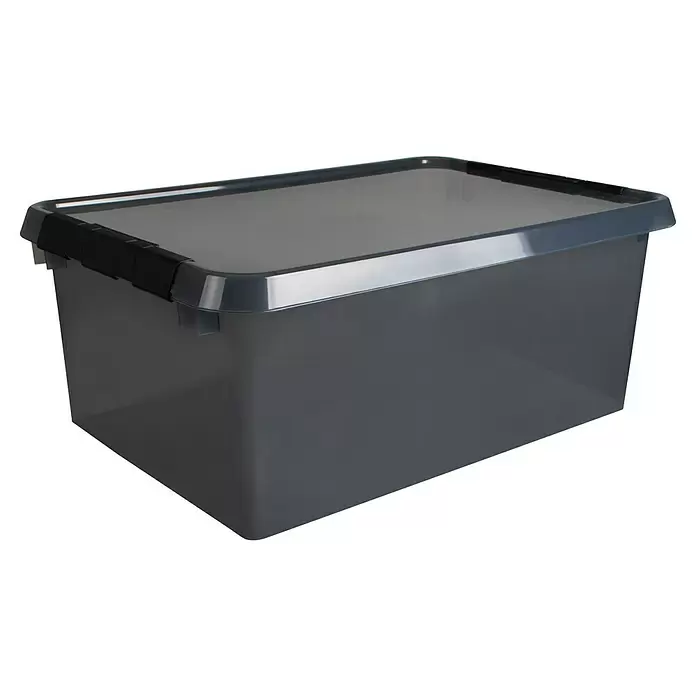 Sunware Aufbewahrungsbox Comfort Line - L x B x H: 60 x 40 x 26 cm, Transparent grau, Kunststoff - Dunkelgraue, halbtransparente Kunststoff-Aufbewahrungsbox mit Deckel und schwarzen Verschlussclips.