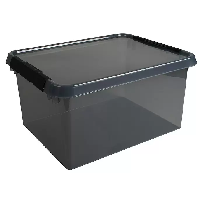 Sunware Aufbewahrungsbox Comfort Line - L x B x H: 50 x 40 x 26 cm, Transparent grau, Kunststoff - Transparente dunkelgraue Kunststoff-Aufbewahrungsbox mit dunkelgrauem Deckel und schwarzen Verschlüssen.