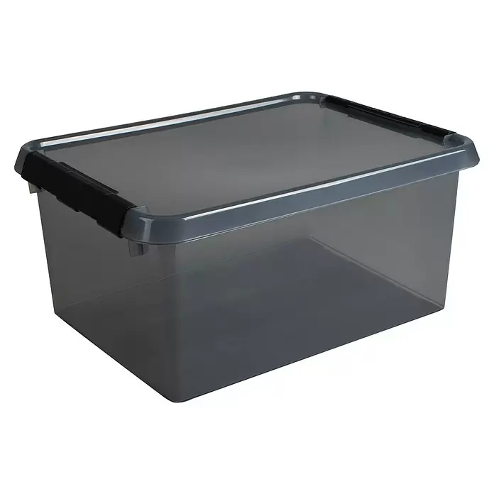 Sunware Aufbewahrungsbox Comfort Line - L x B x H: 40 x 30 x 18 cm, Transparent grau, Kunststoff - Transparente graue Kunststoff-Aufbewahrungsbox mit dunkelgrauem Deckel und schwarzen Verschlüssen.