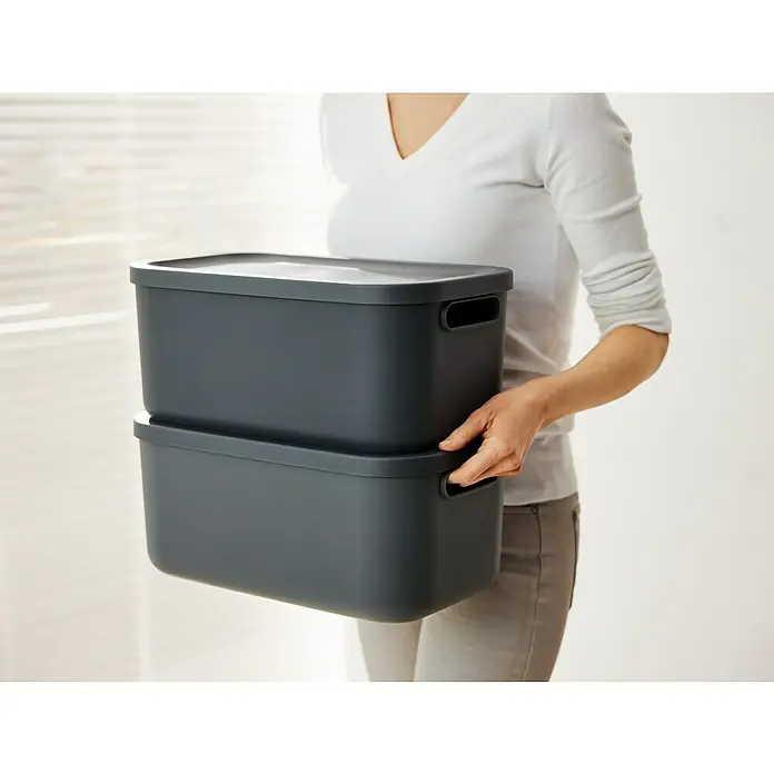 Rotho Aufbewahrungsbox - L x B x H: 39,5 x 23,5 x 17,7 cm, Kunststoff, Anthrazit, 12 l - Zwei graue Aufbewahrungsboxen mit Deckel, die von einer Person getragen werden. Ideal zum Organisieren und Verstauen von Gegenständen.