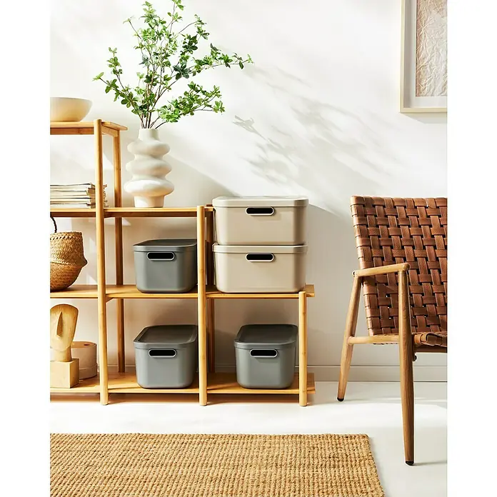 Rotho Aufbewahrungsbox - L x B x H: 39,5 x 35,5 x 17,7 cm, Kunststoff, Anthrazit, 20 l - Auf dem Holzregal stehen graue und beigefarbene Aufbewahrungsboxen mit Deckel, ideal für die Organisation von Gegenständen.
