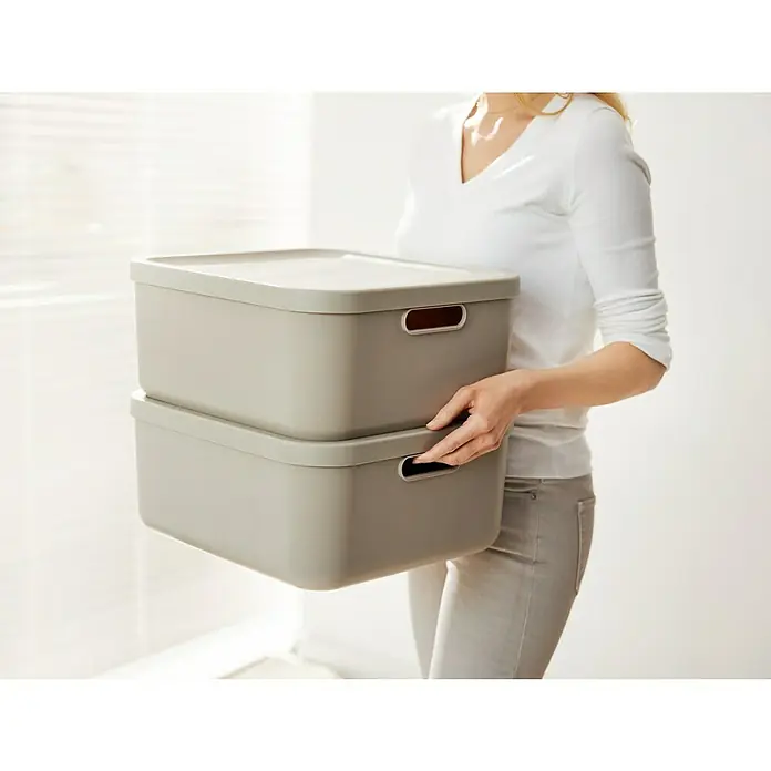 Rotho Aufbewahrungsbox - L x B x H: 39,2 x 35,5 x 17,7 cm, Kunststoff, Cappuccino, 20 l - Eine Frau trägt zwei graue Aufbewahrungsboxen. Die Boxen haben Griffe und sind mit Deckeln versehen, praktisch für die Organisation.
