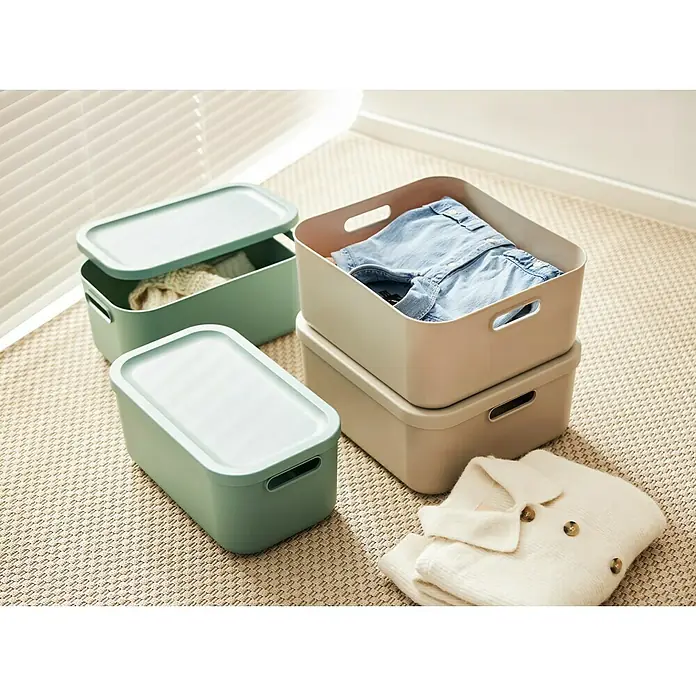 Rotho Aufbewahrungsbox - L x B x H: 39,2 x 23,5 x 17,7 cm, Kunststoff, Mistelzweiggrün, 12 l - Aufbewahrungsboxen in Grün und Beige mit Deckel für Ordnung im Raum, ideal für Kleidung und andere Gegenstände.