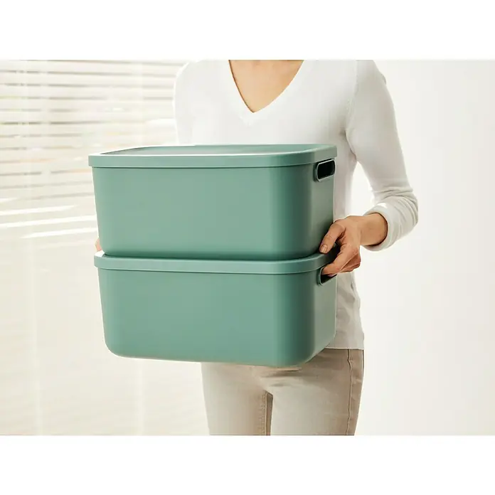 Rotho Aufbewahrungsbox Albula - L x B x H: 39,2 x 23,5 x 17,7 cm, Kunststoff, Mistelzweiggrün, 12 l - Eine Person hält zwei grüne Aufbewahrungsboxen. Die Boxen sind rechteckig mit Griffen und einem Deckel. Praktische Allzweckbehälter.