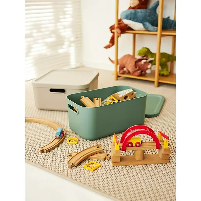 Rotho Aufbewahrungsbox - L x B x H: 39,2 x 23,5 x 17,7 cm, Kunststoff, Mistelzweiggrün, 12 l - Spielzeug-Aufbewahrungsboxen in Grün und Beige mit Holzspielzeug auf einem gemusterten Teppich, ideal zur Aufbewahrung im Kinderzimmer.