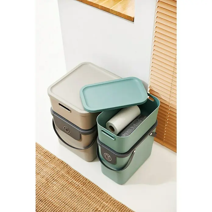 Rotho Aufbewahrungsbox - L x B x H: 39,2 x 23,5 x 17,7 cm, Kunststoff, Mistelzweiggrün, 12 l - Stapelbare Aufbewahrungsboxen in Beige und Grün mit Deckeln und Griffen für eine ordentliche Aufbewahrung im Haushalt.