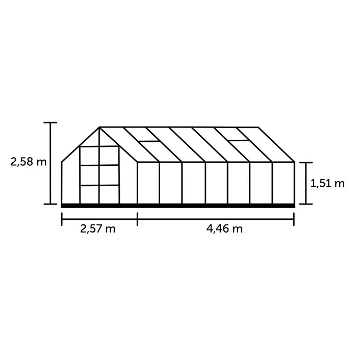 Halls Gewächshaus Magnum 148 - Außenmaß inkl. Dachüberstand (B x T): 257 x 446 cm, Material Seitenwand: Kunststoff, 6 mm, Silbergrau - Schema eines Gewächshauses mit Angabe der Maße 2,58 m Höhe, 2,57 m und 4,46 m Länge, sowie 1,51 m Höhe.