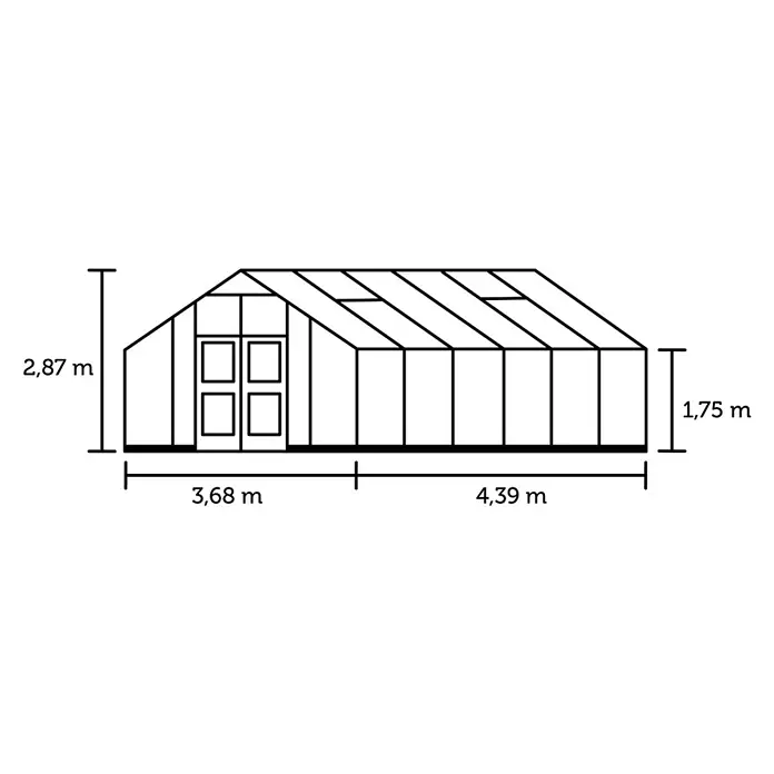 Juliana Gewächshaus Gärtner - Außenmaß inkl. Dachüberstand (B x T): 368 x 439 cm, Material Seitenwand: Kunststoff, 10 mm, Silber/Schwarz - Bild einer Gartenhütte mit Maßen. Die Höhe der Gartenhütte beträgt 2,87 m und die Breite beträgt 3,68 m + 4,39 m.