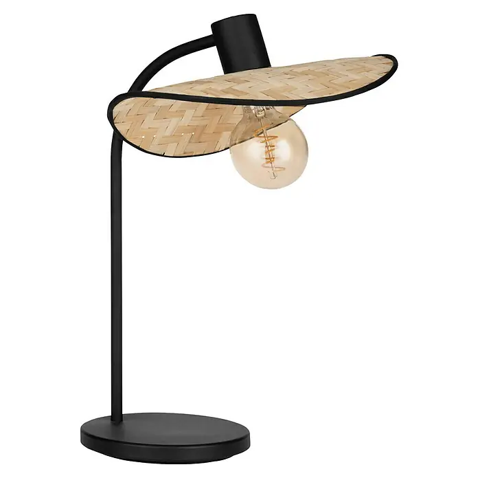 Eglo Lámpara de sobremesa - 40 W, L x An x Al: 29 x 30 x 46,5 cm, Negro, E27 - Esta lámpara presenta una base negra, una pantalla de ratán y una bombilla expuesta que añade un toque de elegancia bohemia a cualquier habitación.