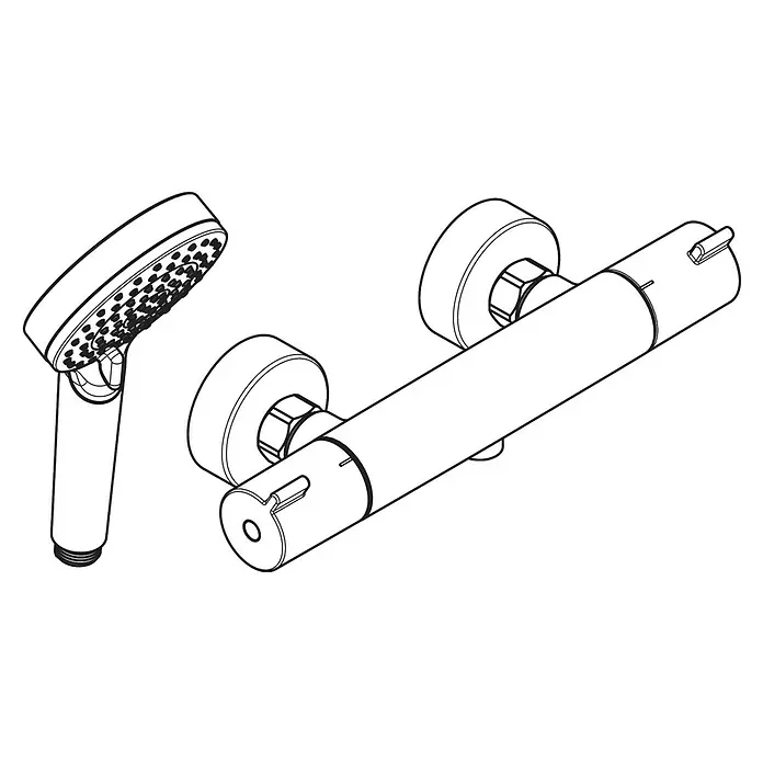 Hansgrohe Thermostat-Set - 9,7 l/min, Chrom - Abbildung einer Duschgarnitur mit Handbrause und Aufputz-Thermostatbatterie, dargestellt als technische Zeichnung.