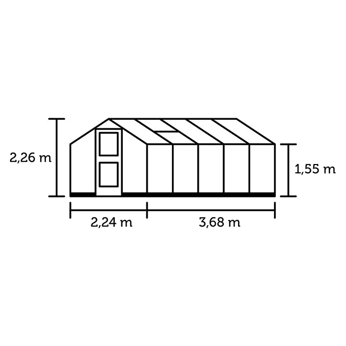 Juliana Gewächshaus Compact - Außenmaß inkl. Dachüberstand (B x T): 224 x 368 cm, Material Seitenwand: Glas, 3 mm, Silber/Schwarz - Abbildung eines Gewächshauses mit den Maßen 2,26 m Höhe, 2,24 m Breite und 3,68 m Länge zur Illustration der Produktabmessungen.