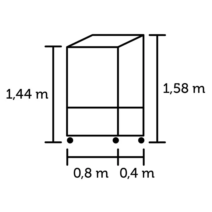 Juliana Gewächshaus - Außenmaß inkl. Dachüberstand (B x T): 80 x 40 cm, Material Seitenwand: Glas, 4 mm, Schwarz - Schematische Darstellung eines Schranks mit den Maßen 1,44 m Höhe, 1,58 m Tiefe und einer Basisbreite von 0,8 m plus 0,4 m.