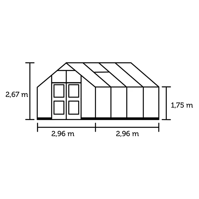 Juliana Gewächshaus Premium - Außenmaß inkl. Dachüberstand (B x T): 296 x 296 cm, Material Seitenwand: Glas, 3 mm, Schwarz - Bauplan eines Gewächshauses mit Satteldach und Türen, Maße: Gesamthöhe 2,67m, Seitenhöhe 1,75m, zwei 2,96m Abschnitte.