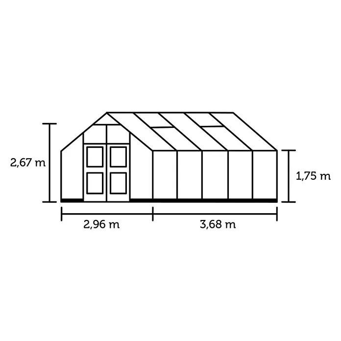 Juliana Gewächshaus Premium - Außenmaß inkl. Dachüberstand (B x T): 296 x 368 cm, Material Seitenwand: Kunststoff, 10 mm, Schwarz - Abbildung eines Gewächshauses mit Maßangaben für Höhe und Länge. Das Gewächshaus hat eine Tür und Fenster.