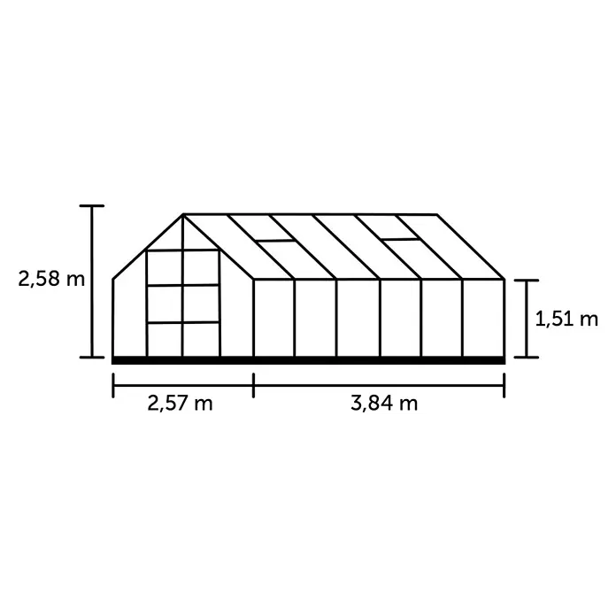 Halls Gewächshaus Magnum 128 - Außenmaß inkl. Dachüberstand (B x T): 257 x 384 cm, Material Seitenwand: Glas, 3 mm, Grün, Sicherheitsglas - Abbildung eines Gewächshauses mit den Maßen 2,58 m Höhe, 2,57 m Länge und 3,84 m Breite, sowie 1,51 m Seitenhöhe.