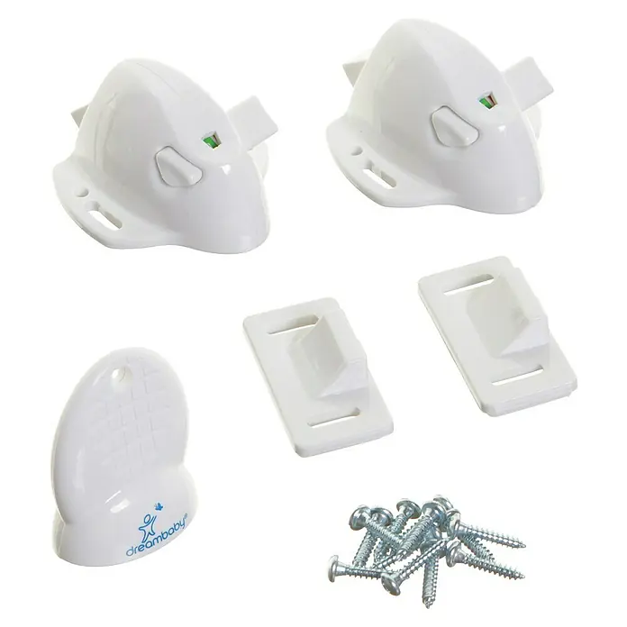 Dreambaby Magnetverschluss - Weiß, 2 Stk. - Weißes DreamBaby-Sicherheitsschloss-Set für Schränke und Schubladen, inklusive Magneten, Halterungen und Schrauben für eine einfache Installation.