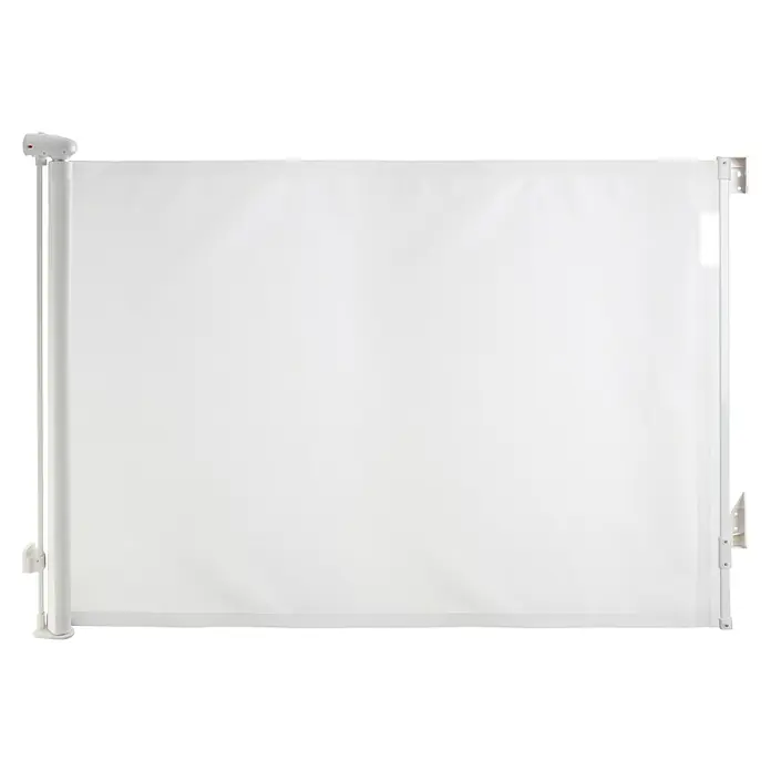 Dreambaby Türschutzgitter - L x H: 140 x 90 cm, Weiß - Das Bild zeigt ein weißes, einziehbares Sicherheitsgitter für Kinder. Es ist eine praktische Lösung, um Kinder vor Gefahrenbereichen zu schützen.